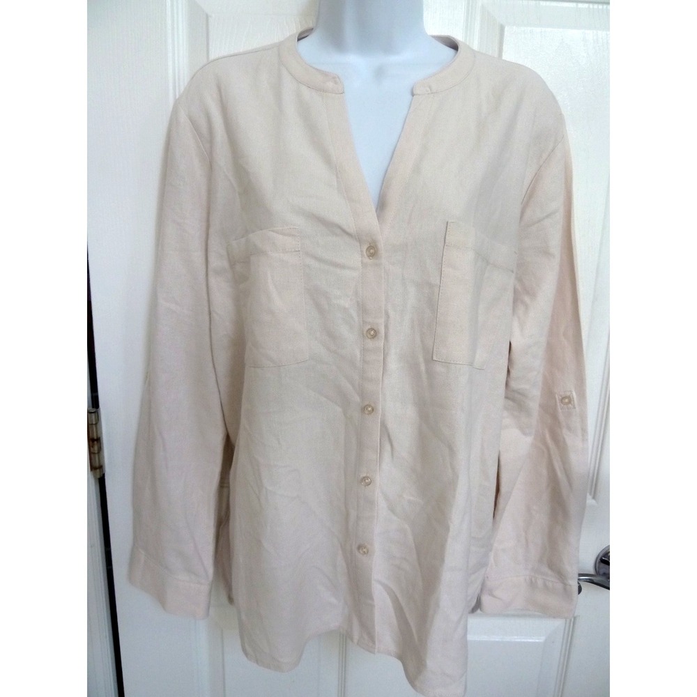 NINE WEST Sz Large Linen/Viscose Roll-Tab Sleeve Blouse Professional Old Money